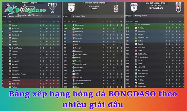 Bảng xếp hạng bóng đá BONGDASO theo nhiều giải đấu