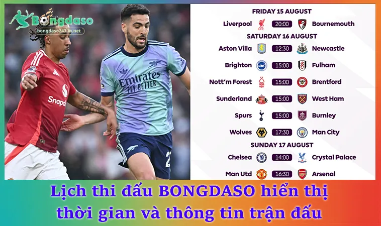 Lịch thi đấu BONGDASO hiển thị thời gian và thông tin trận đấu